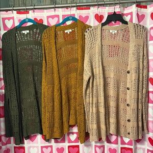 Mudd Brand Women's Open Knit Cardigan Sweaters - Olive, Mustard, Light Pink XL